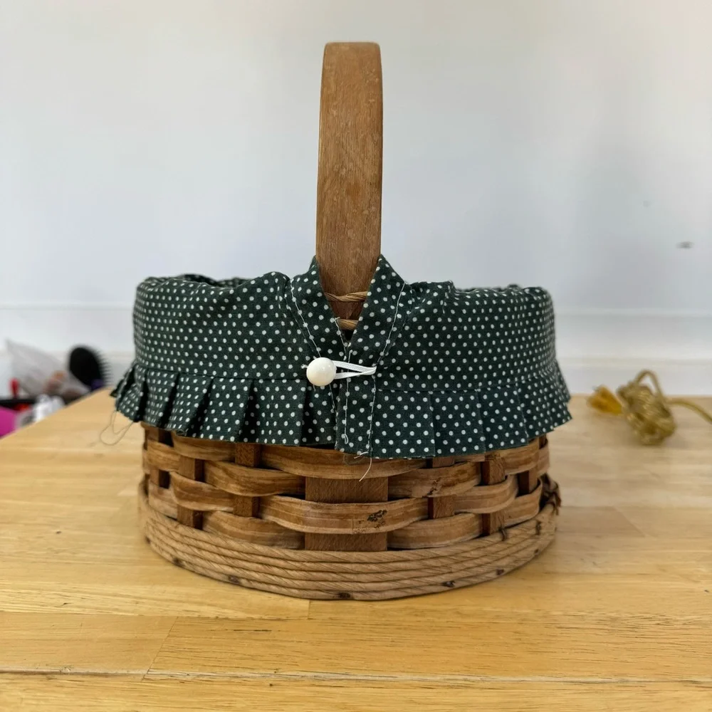 Vintage Wooden Basket Lined Woven Handle Circular Cottage Farmhouse Folk Art EUC